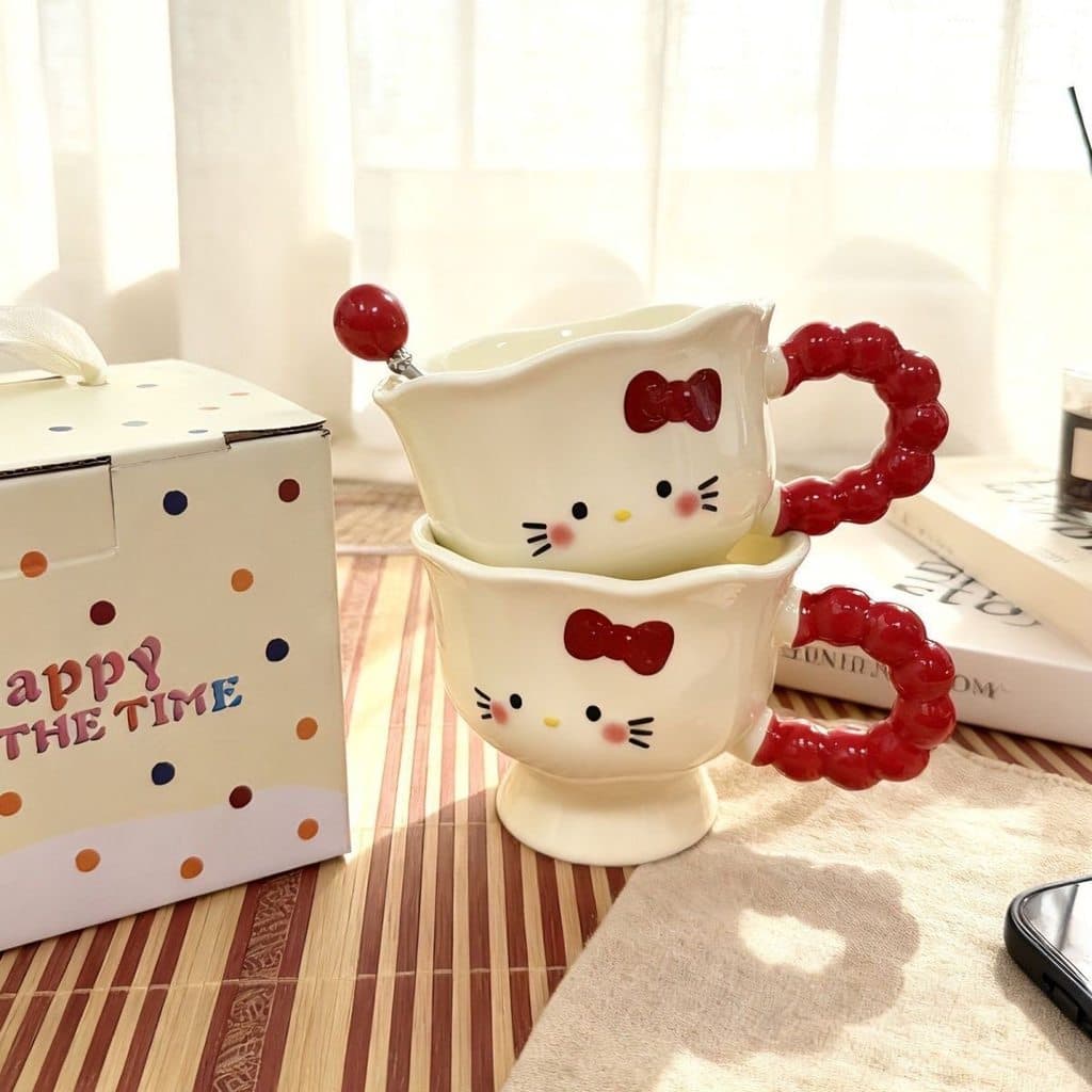 Nova caneca de cerâmica de desenho animado da Hello Kitty, alça vermelha, caixa de presente de aniversário, copo de cerâ