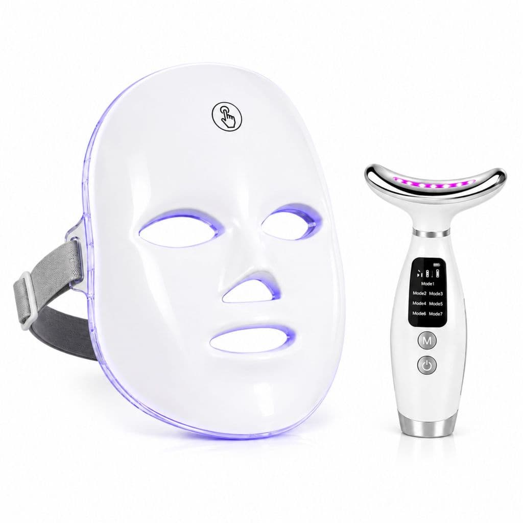 Kit Máscara LED Facial + Massageador Facial EMS 7 Cores USB