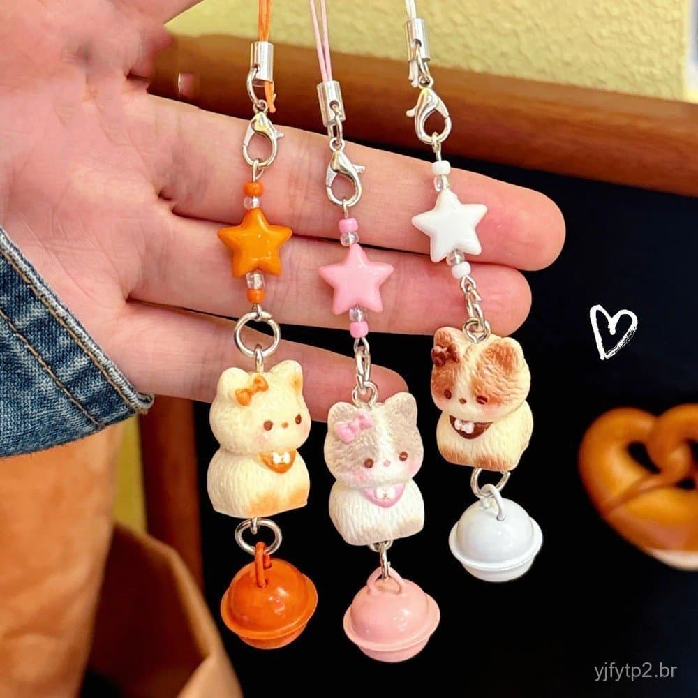 1 peça de lindo pingente de corrente para celular em 3D com formato de gato, chaveiro multifuncional com sino e estrela,