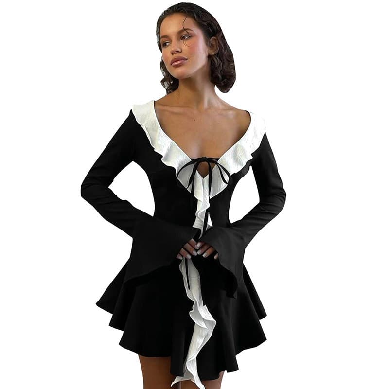 vestido midi Feminino Com Babados E Gola Pontiaguda , Corda Amarrada , Manga Trompete , Decote Em V , Saia Curta