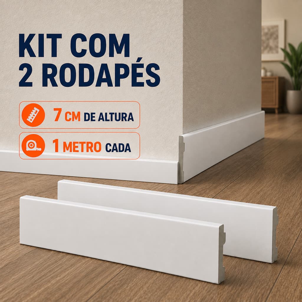 Rodapé Poliestireno 7cm Branco Liso Kit com 2 Barras de 1 Metro Para Acabamento de Piso