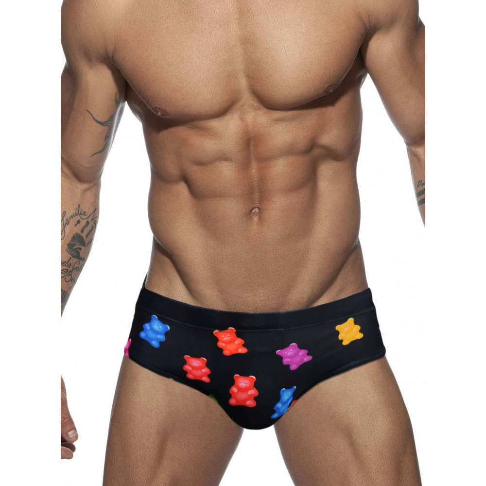 UXH Calção de banho masculino com estampa de urso de goma preto triangular modelo passarela confortável maiô justo praia