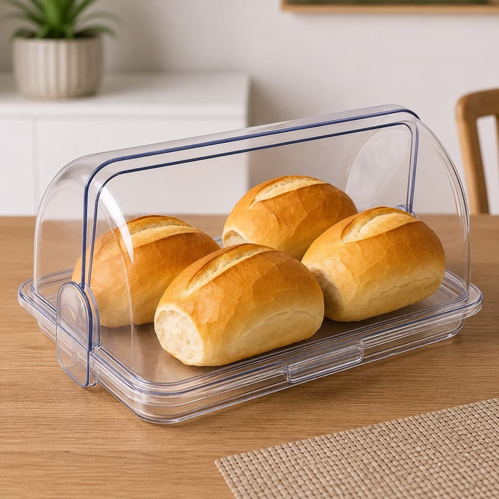 Porta Pão Cristal Com Tampa Articulável Para Mesa Acrilico Guarda Pães Bolachas Doces