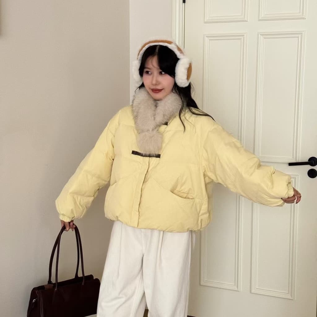 2025 inverno novo estilo solto pão jaqueta pequena jaqueta curta para baixo jaqueta feminina Real gola de pele de raposa