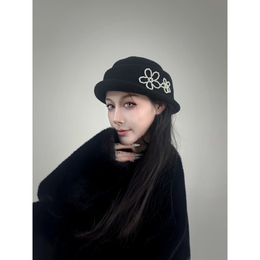 Filha francesa estilo pérola flor em forma de ondulação malha lã chapéu superior feminino outono inverno quente bacia ch
