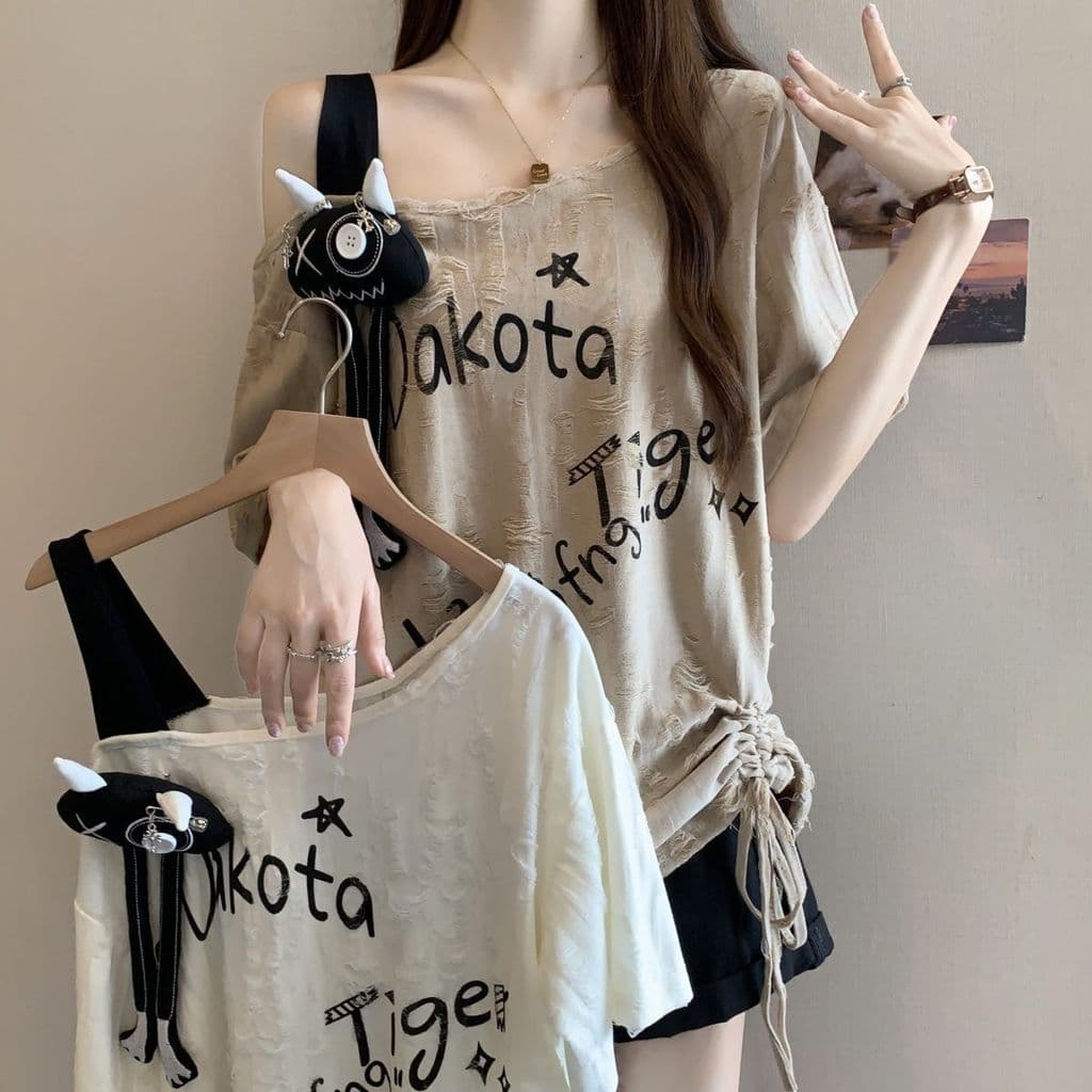 Tamanho grande rasgado cordão plissado fora do ombro de manga curta camiseta feminina verão novo estilo gordura mm solto