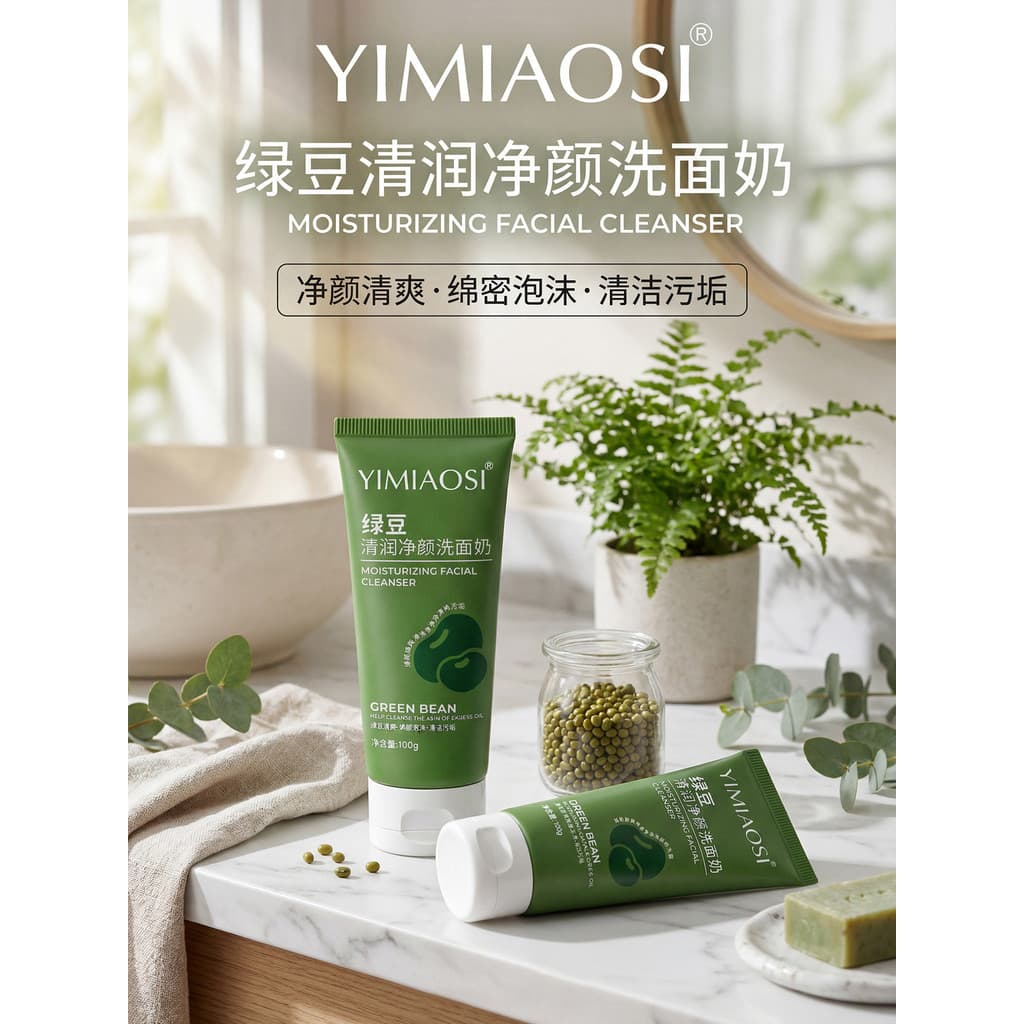 Mung feijão limpeza limpeza facial limpador de espuma densa limpeza facial refrescante limpeza diária manhã noite rosto