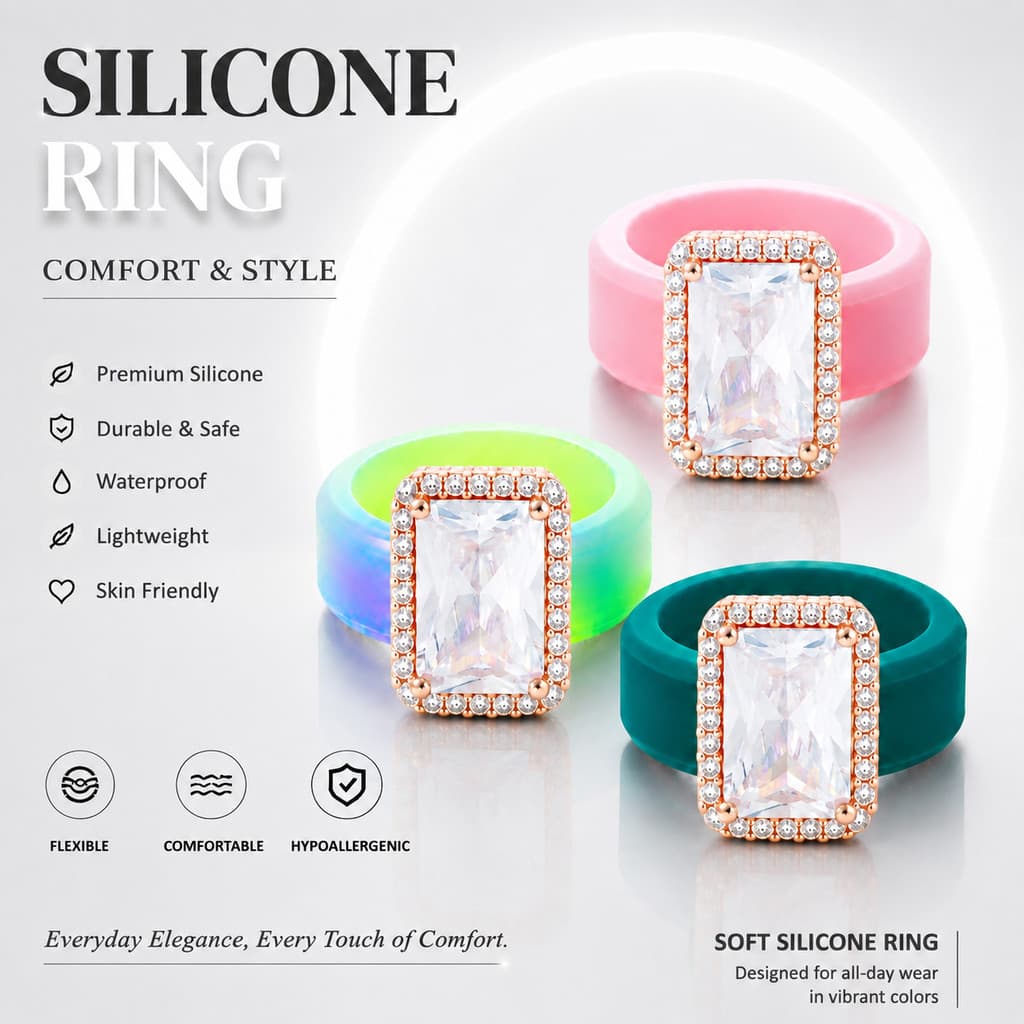 Anel de silicone com um toque de luxo e sofisticação, incrustado com zircônia quadrada.