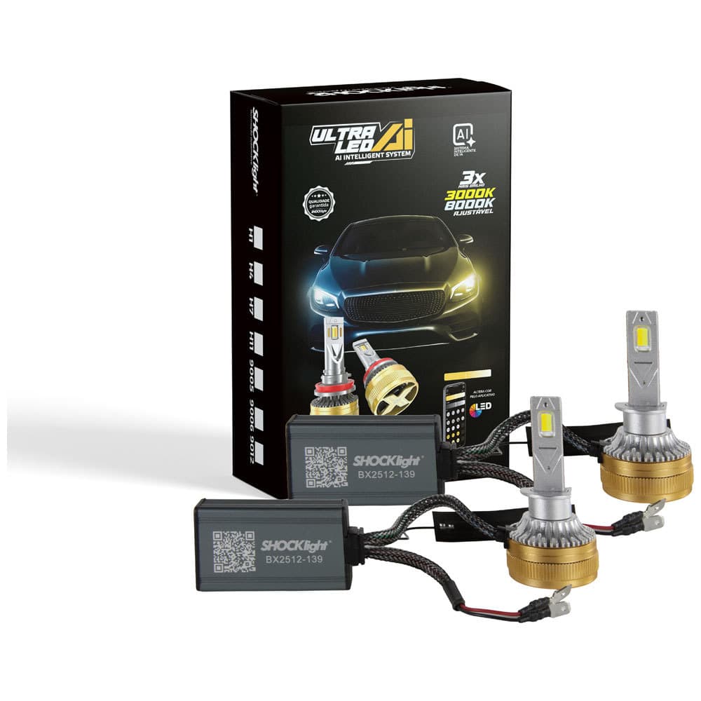 Kit par lâmpada ultra led AI shocklight h1 5000lm 52 a 75w com aplicativo e sistema inteligente