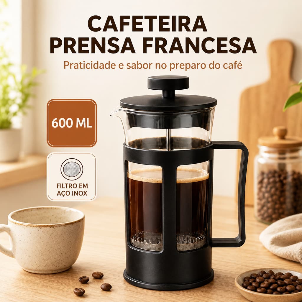 Cafeteira Prensa Francesa 600ml Vidro Filtro Premium