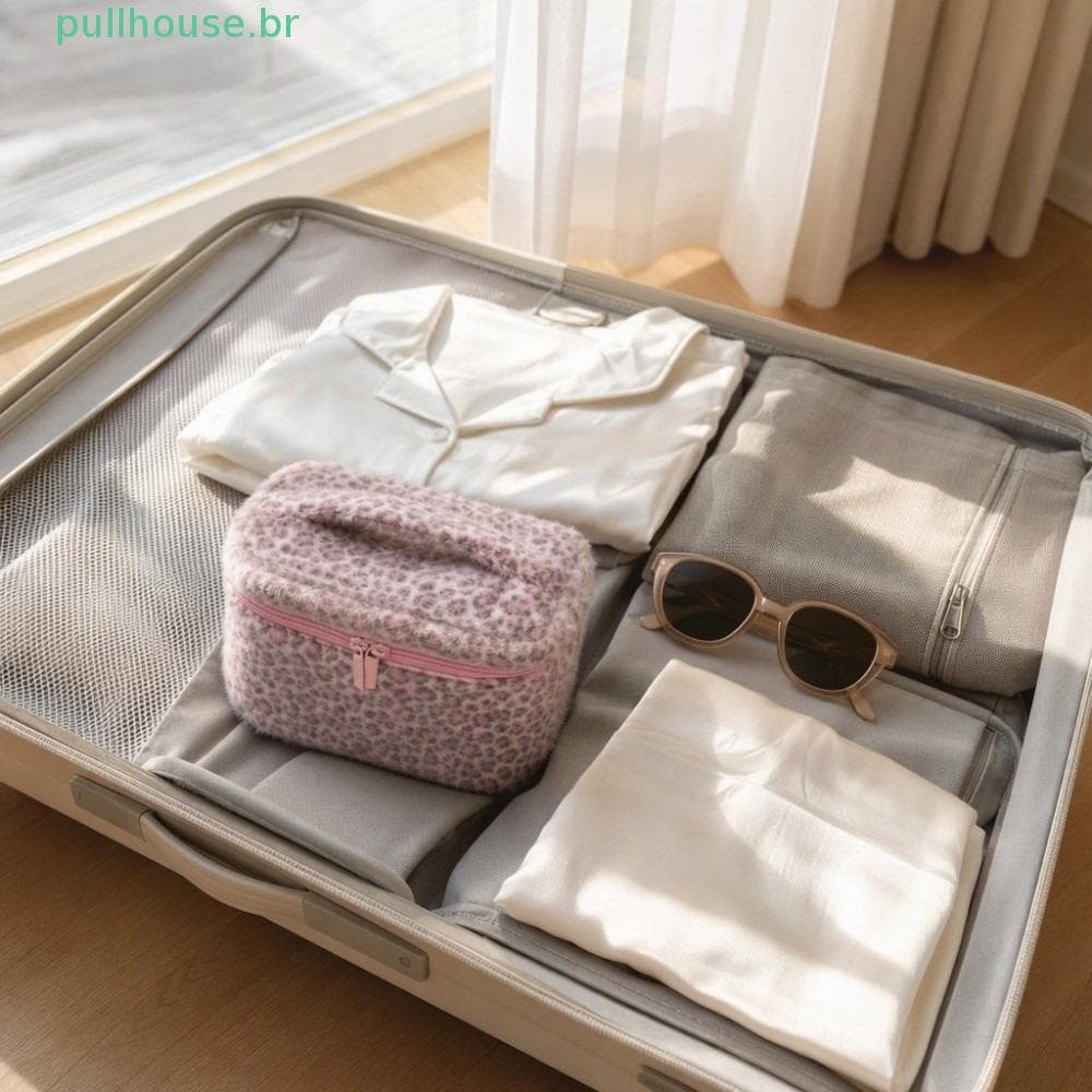 Organizador De Higiene Pessoal De Pelúcia PULLHOUSE , Bolsa De Maquiagem Portátil Com Estampa De Leopardo Rosa Alça Supe