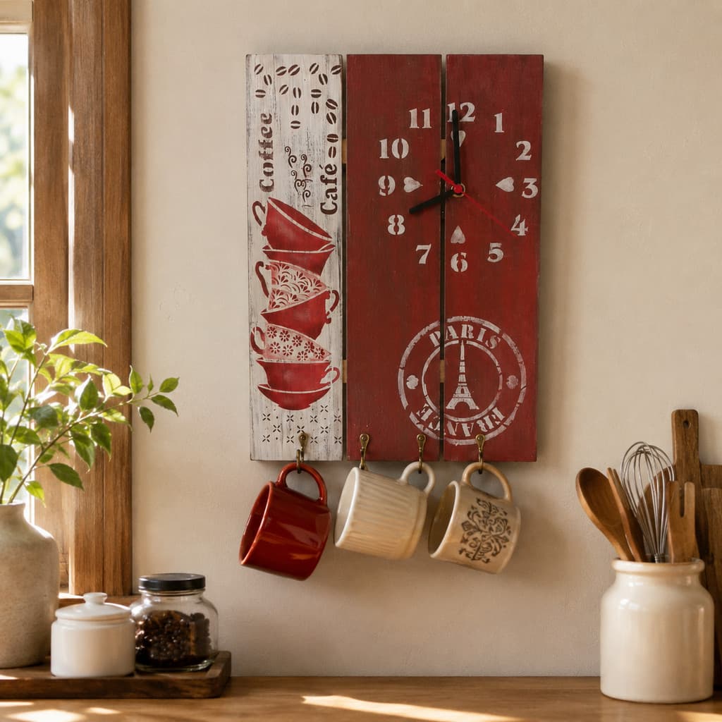 Suporte Xícaras Parede Com Relógio Vermelho Madeira Café