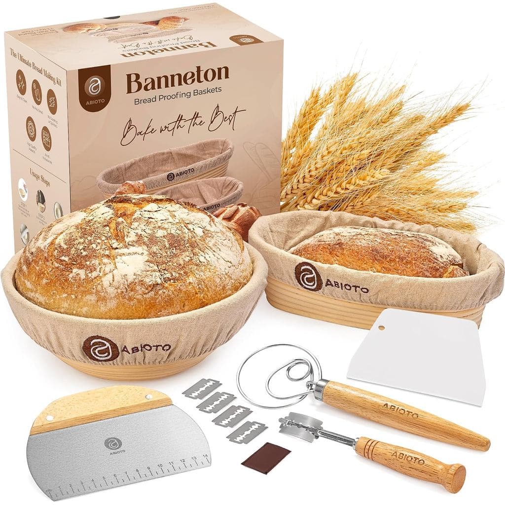 Kit de Panificação de Pão Sourdough ABIOTO - Conjunto de 14 Peças com Cestos de Rattan para Fermentação de 10" Redondos