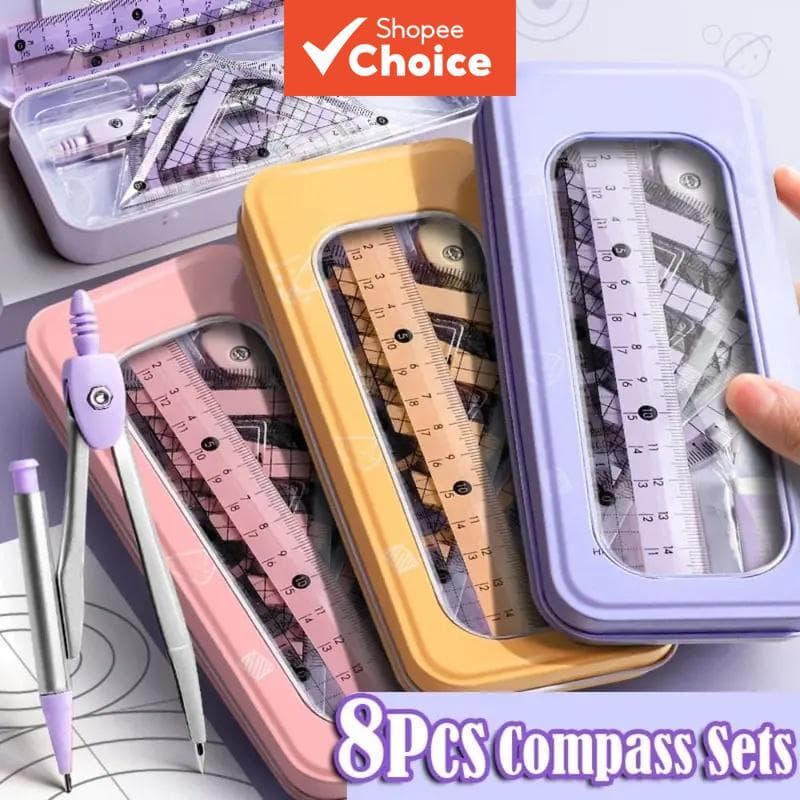 Conjunto de 8 Peças - Kit de Régua e Compasso Multifuncional, Transferidor Triangular e Régua de Medição Precisa para