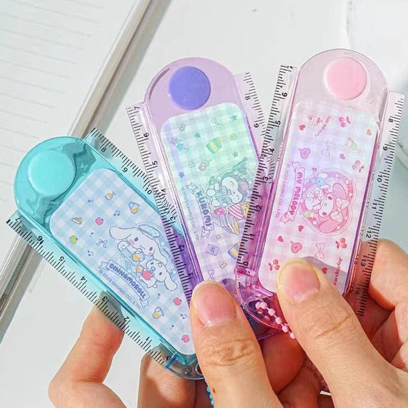 Conjunto de 3 peças Sanrio Mirror Melody Kuromi Cinnamon Roll Plástico Transparente Acrílico Régua Dobrável 15cm Desenho
