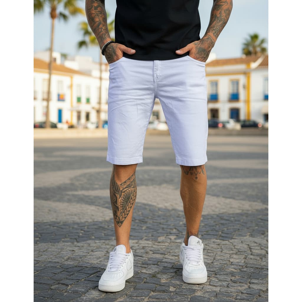 Bermuda Masculina Sarja Casual Elastano Preta Branca Short