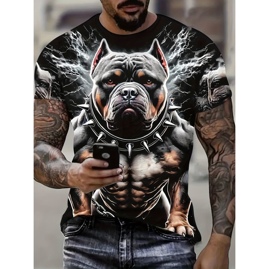 Camiseta Masculina Com Estampa De Cachorro Grande 3D – Preta E Branca Ousada , Respirável De Manga Curta De Verão , Pulô