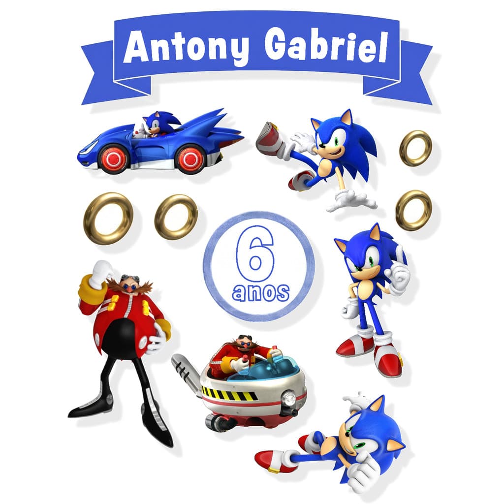 Topo Topper de Bolo Sonic Personalizado Nome Idade - Mod4 QP-7