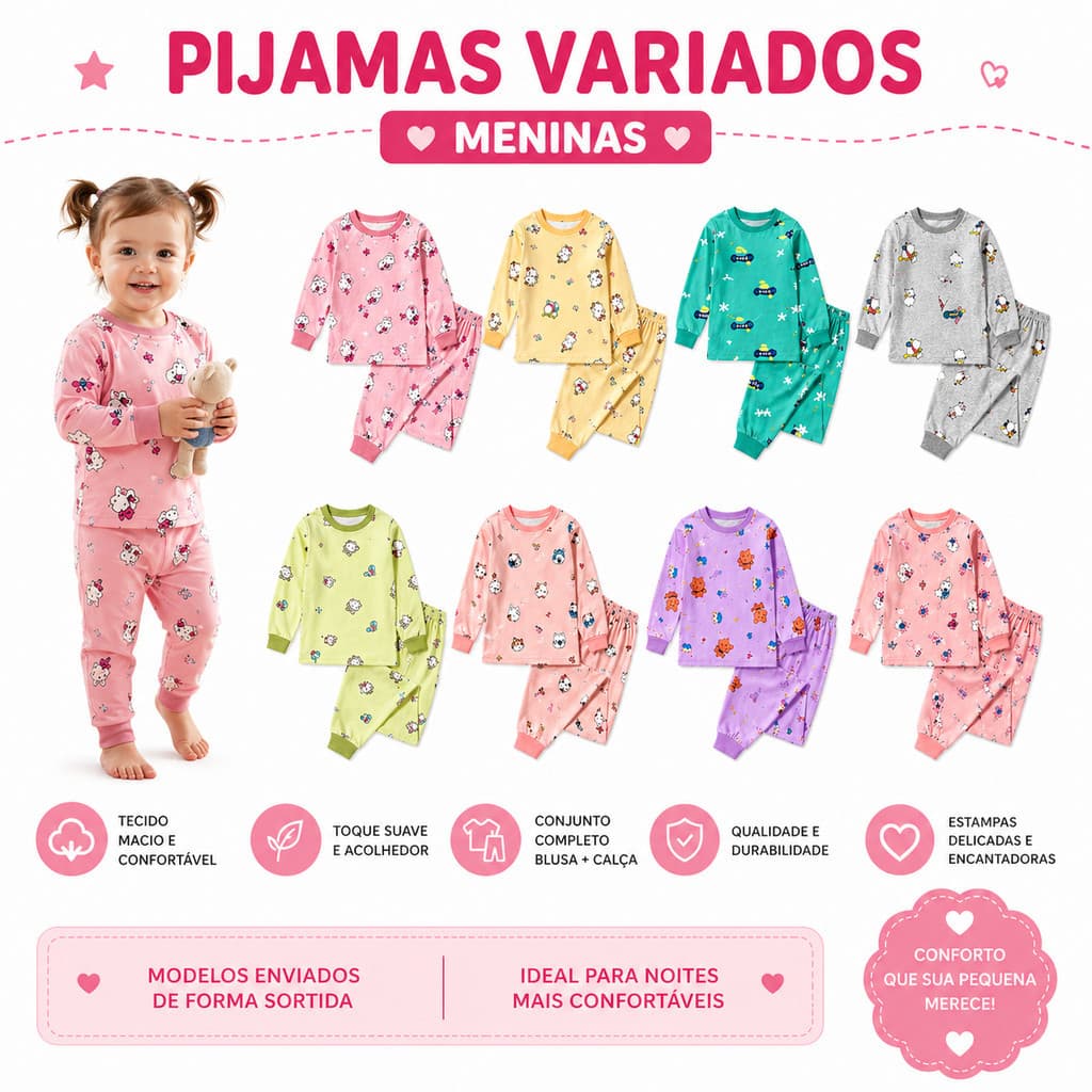 Pijama Peluciado Quentinho Conjunto Manga Longa Estampado Menina