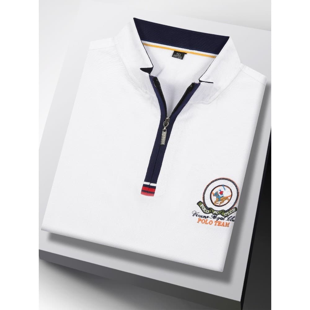 High-End branco de manga curta camiseta masculina solta negócios Casual camisa polo bordada com zíper Stand-Up