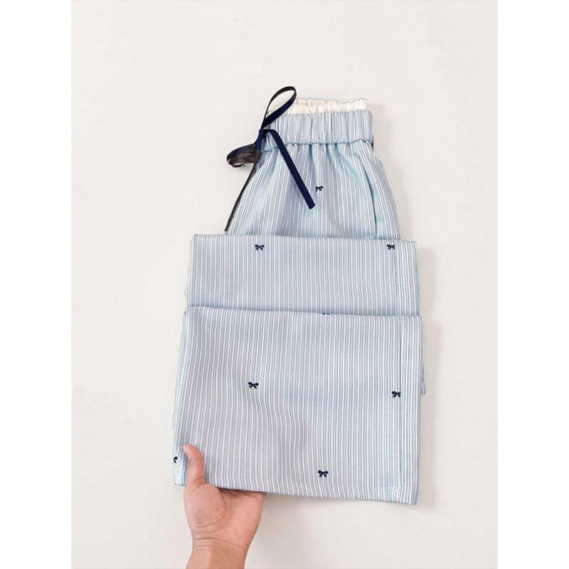 Uma vida bonita inteira!Estilo coreano azul listrado calças de perna larga feminino verão Design nicho arco esfregar cal