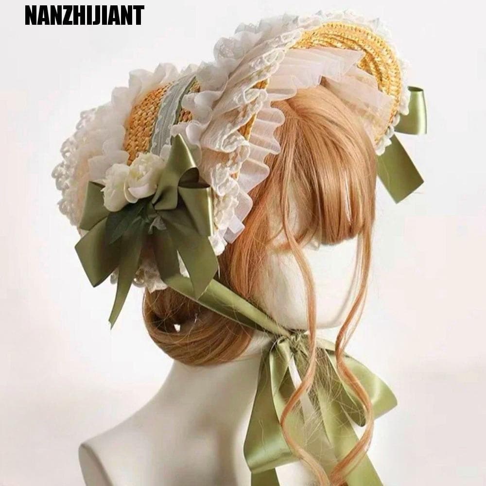 NANZHIJIANT Lolita Bonnet , Chapéu De Palha Estilo Pastoral De Renda , Proteção Solar Com Laço Plano E Flor