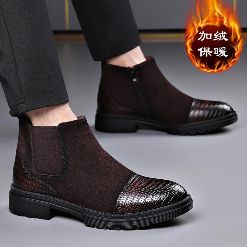 Botas Chelsea de um Pedal de couro genuíno e veludo de cano médio masculino quente All-Match botas curtas masculinas de
