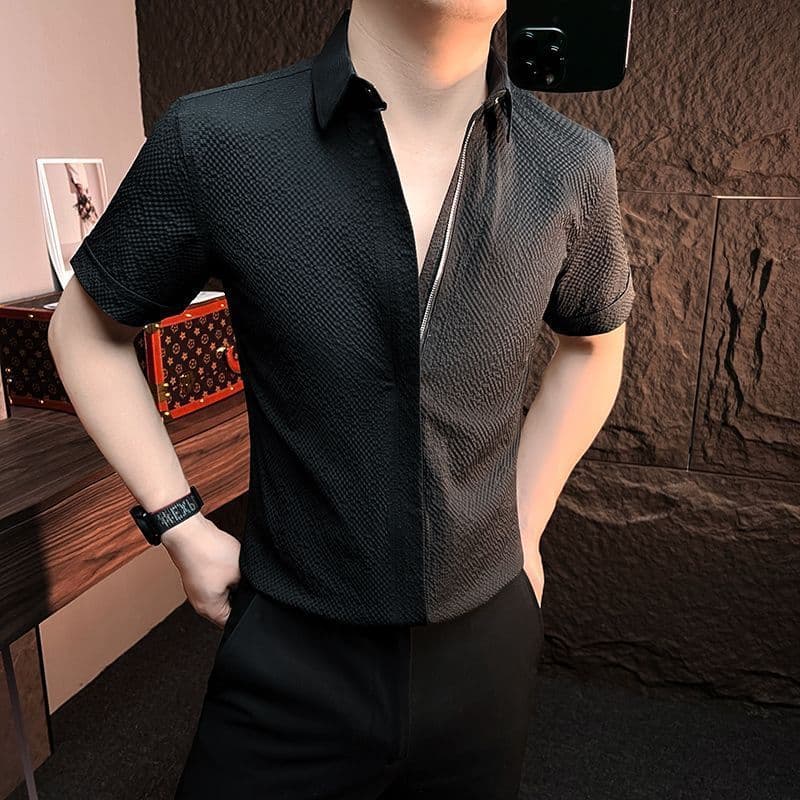 High-End rufião bonito Seersucker camisa fina 2026 verão novo estilo de venda quente Design sentido zíper camisa masculi