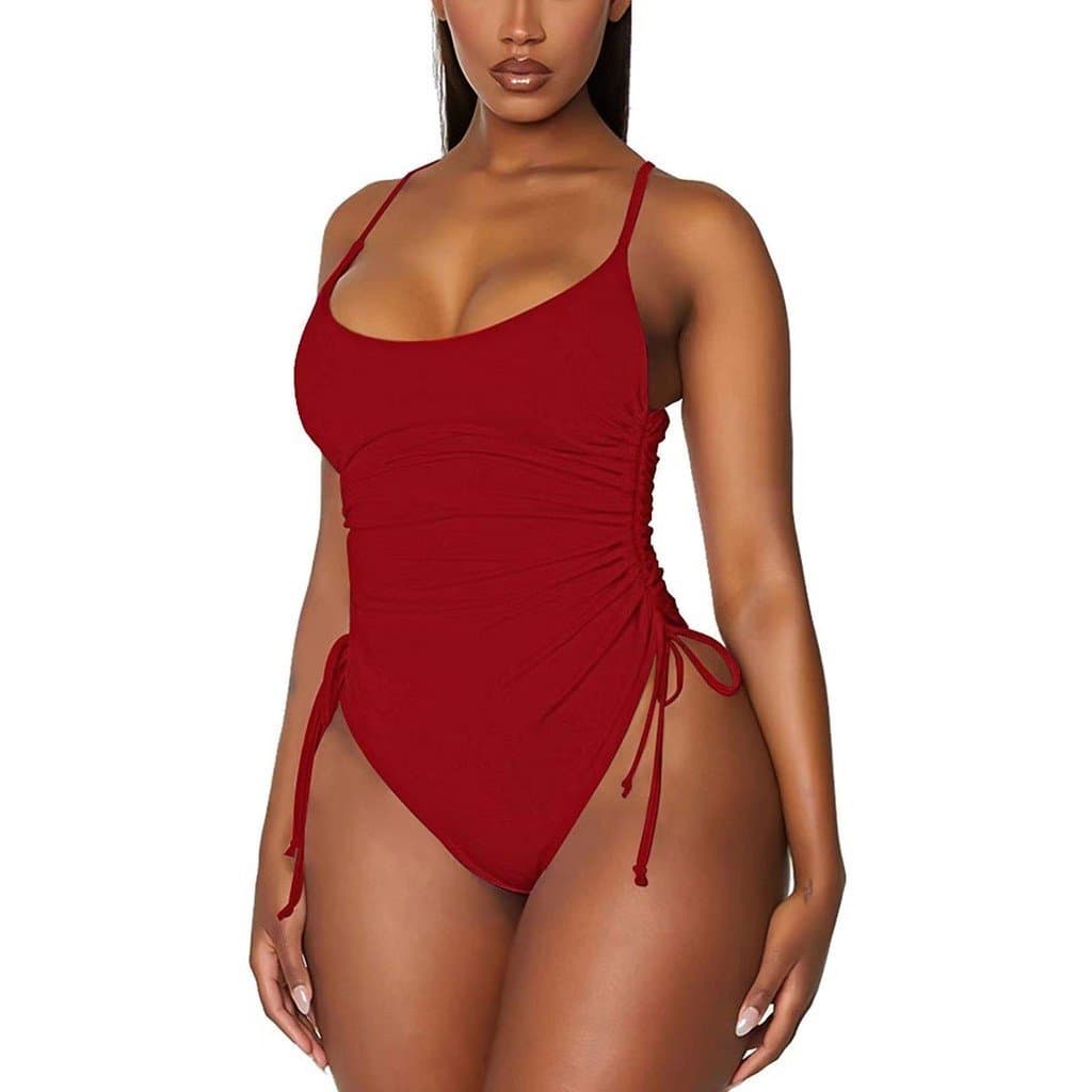 Novo maiô inteiro franzido com design sem costas, efeito modelador e disfarce de barriga, biquíni feminino EYXG.