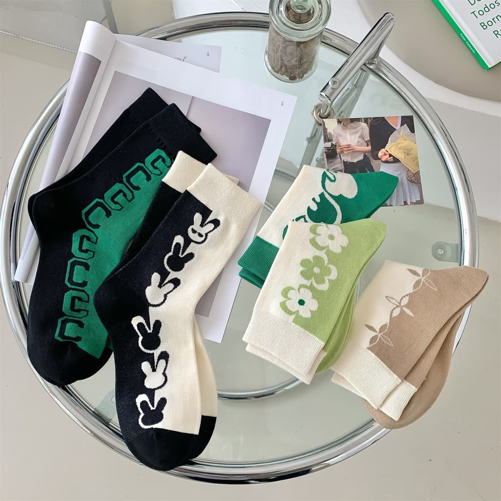 Meias femininas versão coreana ins letras bonito coelho flor meias femininas artesanais desossadas costuradas puro algod