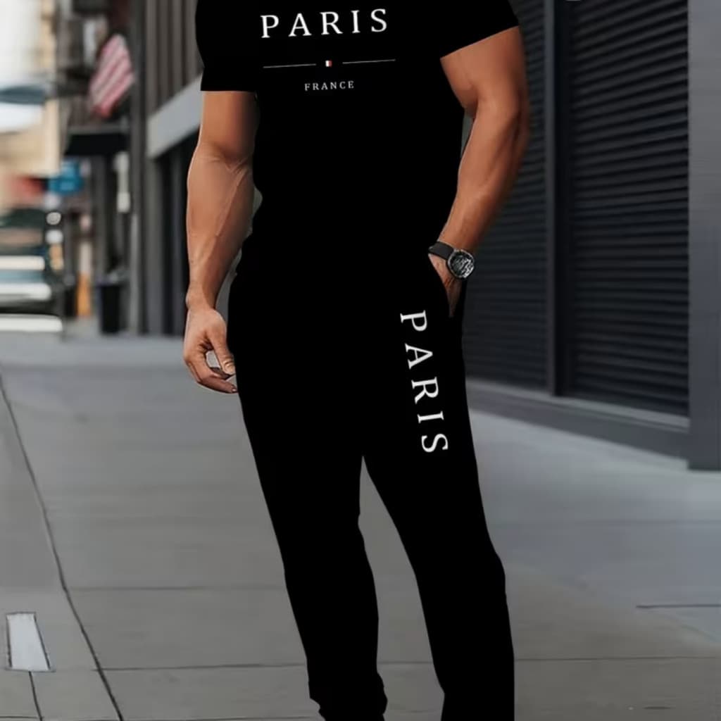 Kit Camiseta e Calça Moletom Masculino Paris France Conjunto Preto Streetwear Casual Urbano 100% algodão
