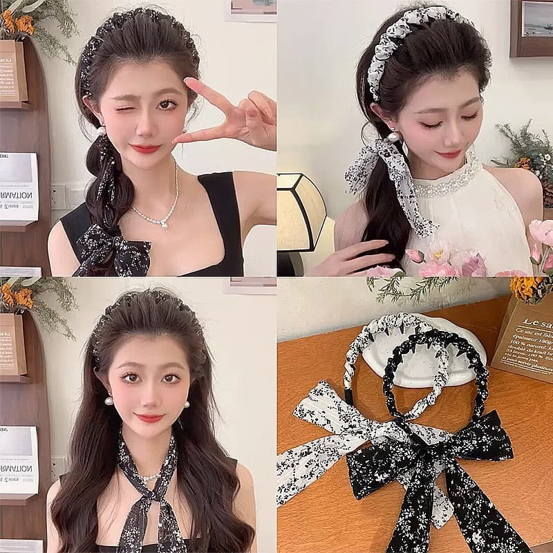 [Estoque pronto] Faixa de cabelo trançada Floral com pintura a tinta Laço de cabelo feminino Lenço de seda Streamer Faix