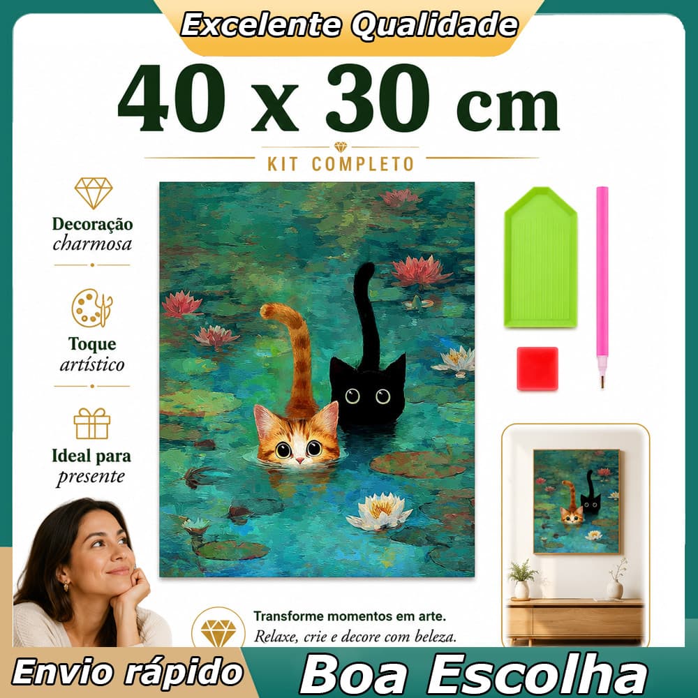 Quadro Decorativo Gato na lagoa com Diamantes Quadrados 40x30cm