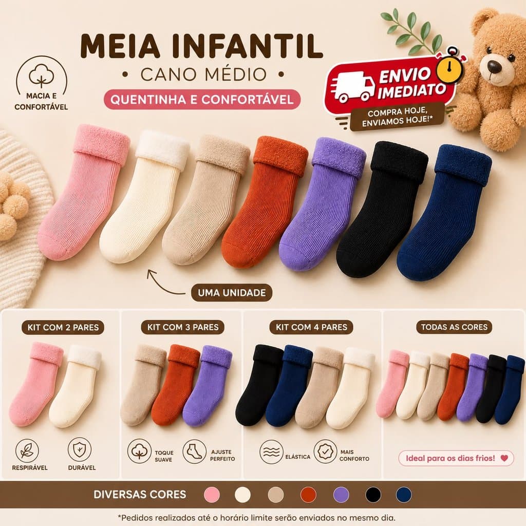 Kit 4Pares Meia Infantil Atoalhada Térmica Cano Longo Para Frio Conforto Para Menino e Menina