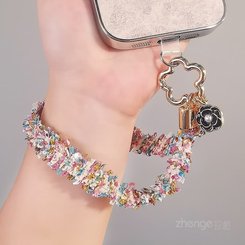 Cordão para Celular Feminino com Borda de Renda, Pingente de Pérola e Camélia, Alça Curta para Viagens ao Ar Livre OD7I