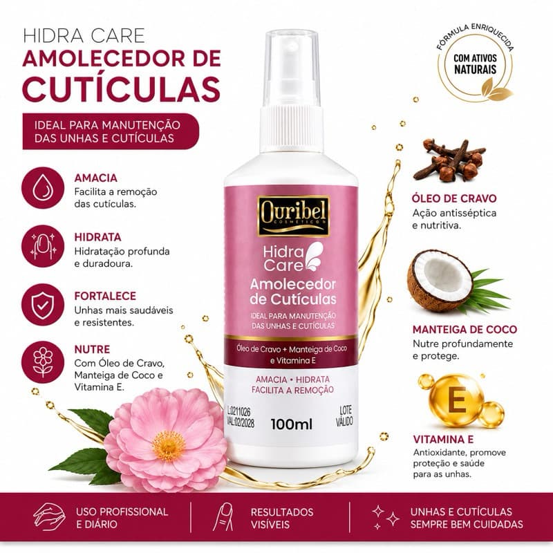 Amolecedor de Cutículas 100ml | Hidrata, Amacia e Fortalece as Unhas com Óleo de Cravo, Manteiga de Coco e Vitamina E
