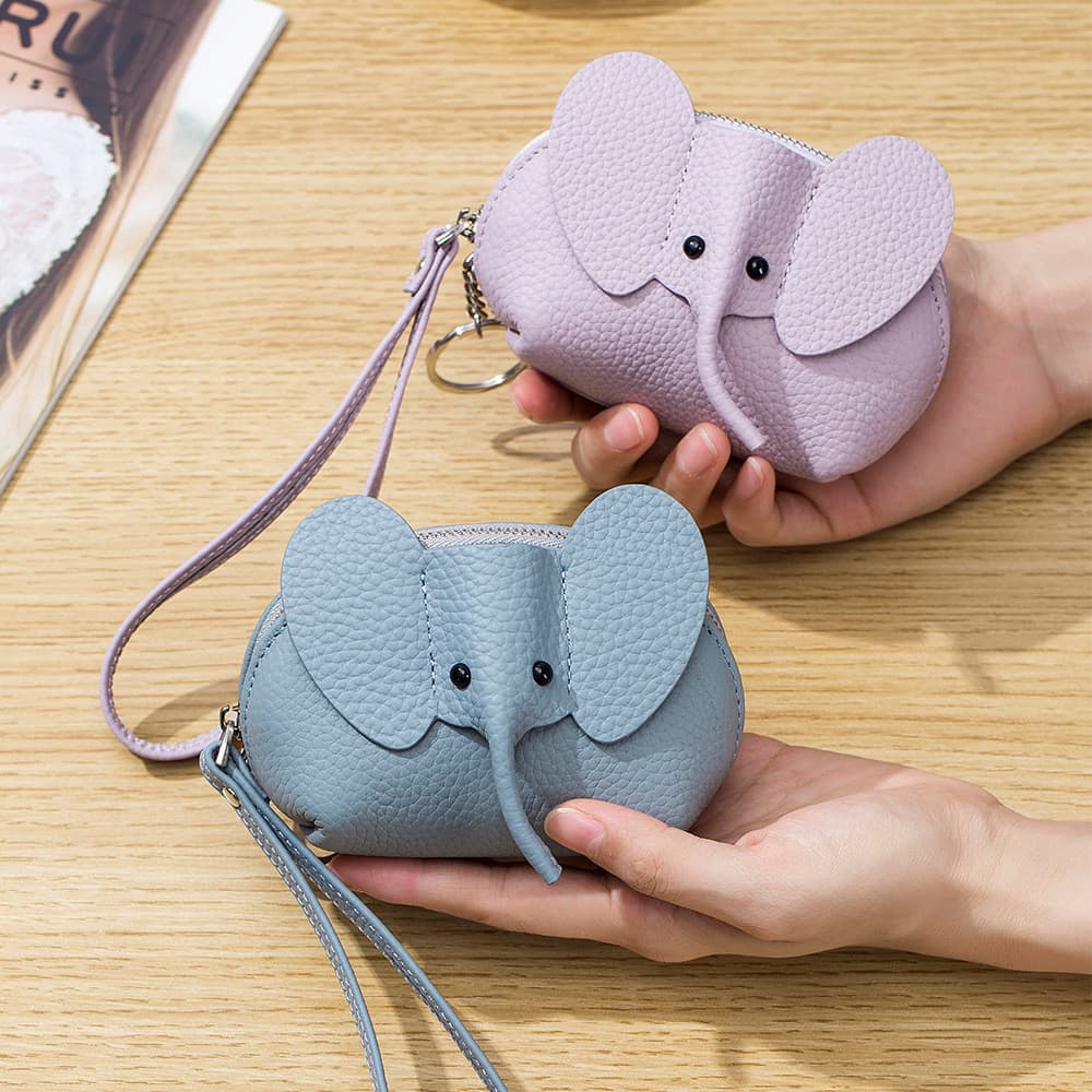 Primeira camada de couro do bebê elefante moeda bolsa feminina chave titular do cartão couro genuíno zíper alça saco bat