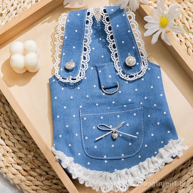 Vestido de primavera para animais de estimação com guia, vestido de ganga com bolinhas para filhotes de Bichon Frise.