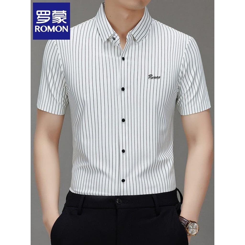 Lomon High-End camisa masculina de manga curta 2026 novo estilo verão listrado de meia-idade Casual gelo seda não-ferro