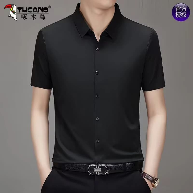Woodpecker High-End gelo seda sem costura camisa de manga curta masculina verão fino negócios Casual não-passar camisa e