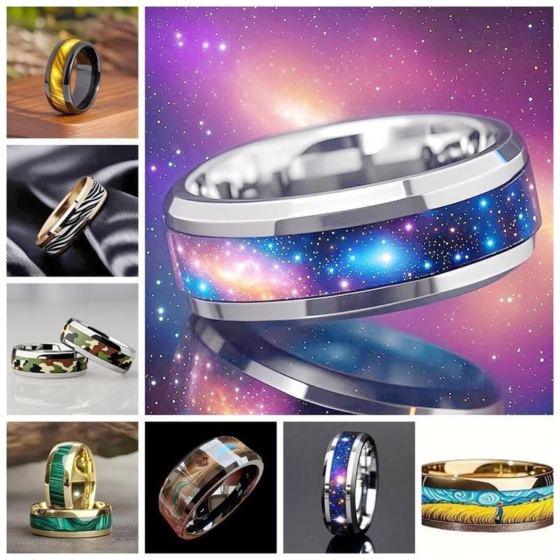 Anel De Aço De Titânio De 8mm Para Homens Céu Estrelado Zebra Tigre Olho Padrão Casamento Casal Joias De Dedo