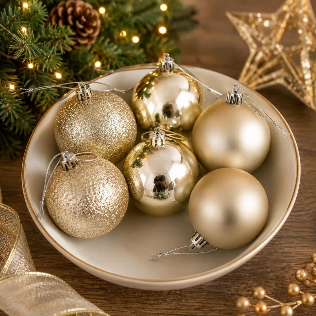 Jogo 6 Bolas de Natal Champanhe Premium Texturas Mistas 8cm Glitter, Brilho e Fosca - Mundial Casa