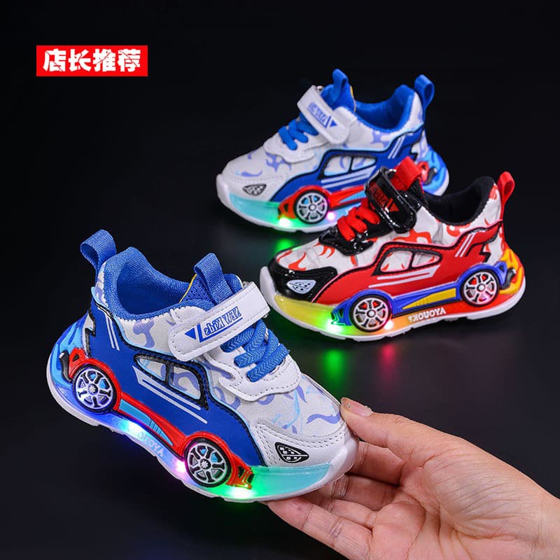 Sapatos esportivos infantis primavera outono novo estilo crianças couro Light-Up sapatos de carro do bebê dos desenhos a