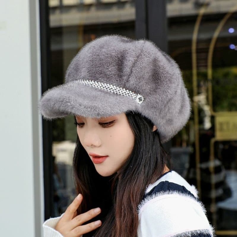 Outono inverno novo estilo boné de pico feminino inverno versão coreana dourado vison veludo octogonal chapéu boina moda