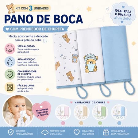 Pano de Boca Ursinho Dormindo Kit com 3 Unidades com Prendedor de Chupeta 100% Algodão 34x34cm