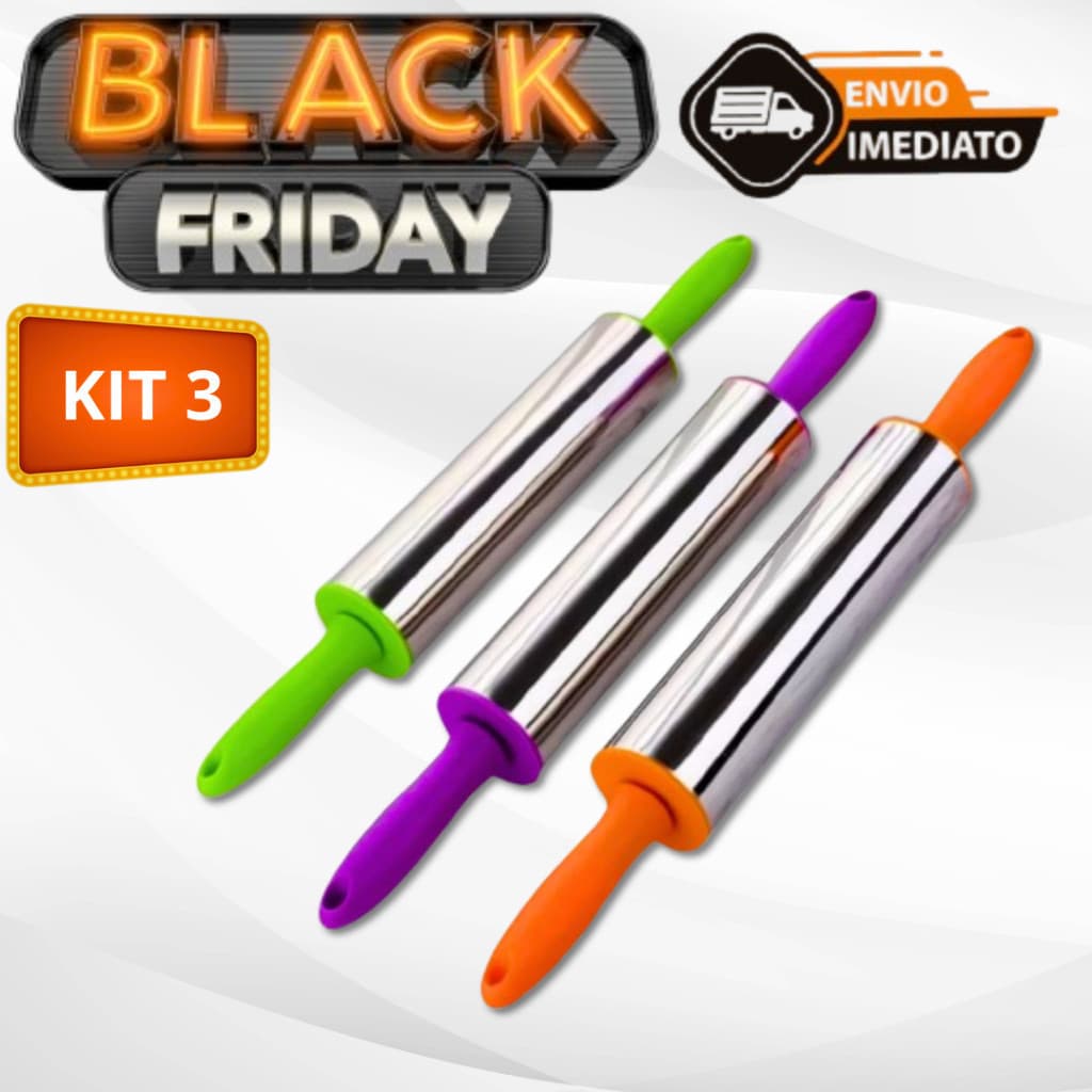 Kit 03 Un. Rolo Abrir Massa Macarrão Pastel Pães Inox Cabo Plástico Colorido Pizzarias Confeitarias