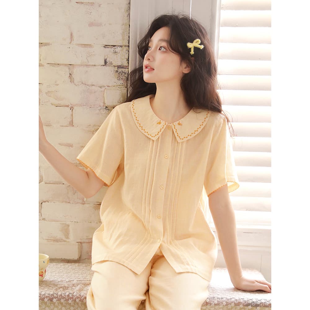 Doce pijamas femininos verão puro algodão gaze calças de manga curta terno gola boneca estilo fino algodão pode usar for