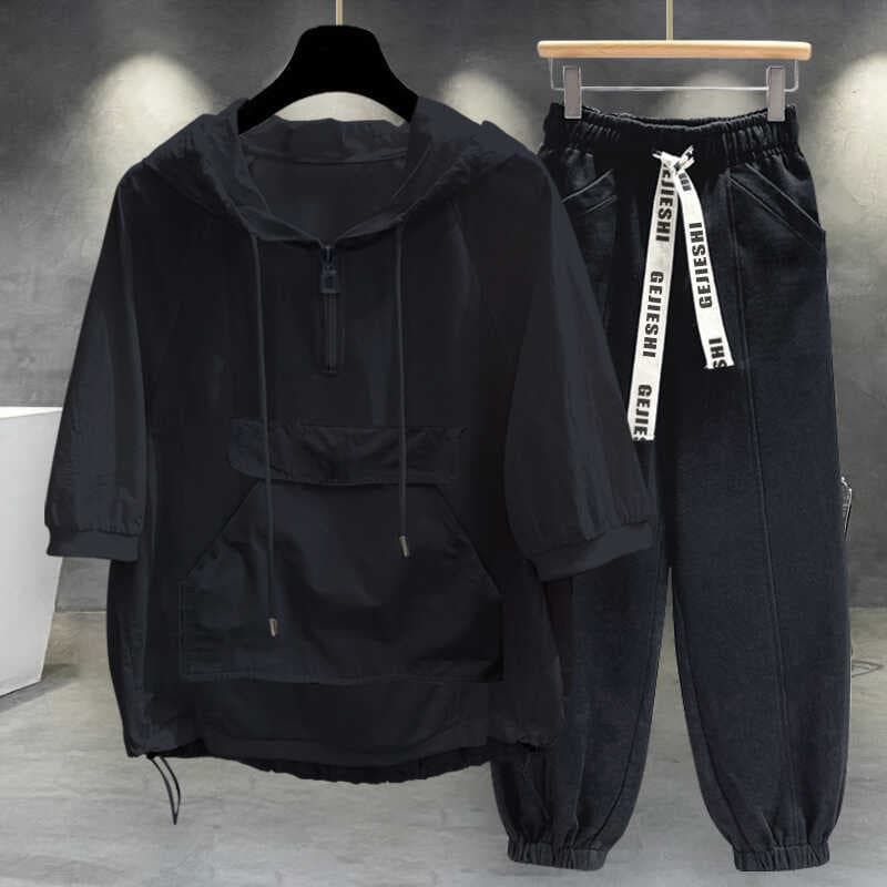 Street Wear grande bolso Design cor sólida com capuz de manga curta camiseta terno masculino verão versão coreana na mod