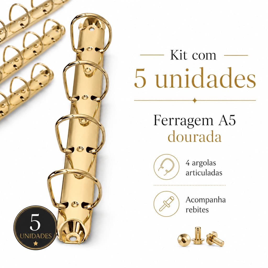 5 Garra Para Fichário Dourado 4 Argolas D A5 - 25mm Dourada Ferragem Fichário Pasta Encadernação