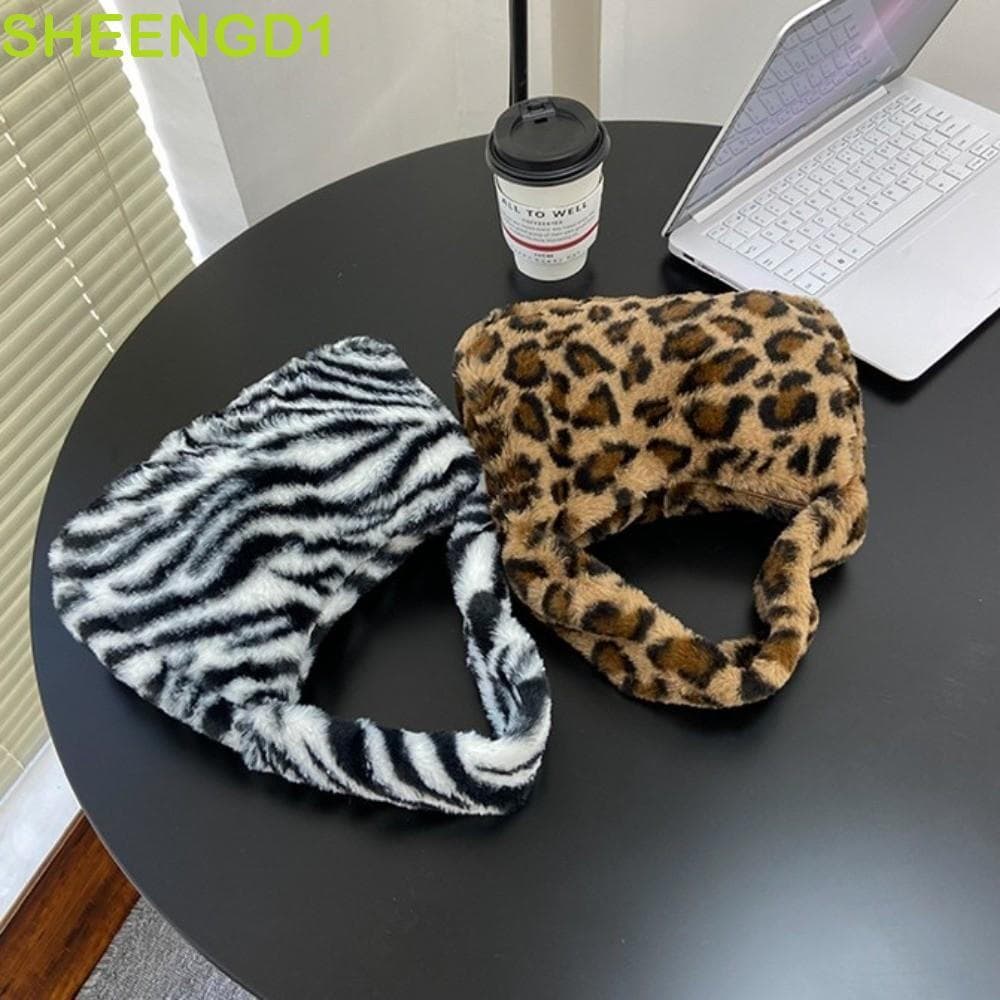 SHEENGD1 Bolsa De Pelúcia Com Estampa De Leopardo , Sacolas De Armazenamento , Bolsas Coreanas Para Axilas De Mão , Fofa